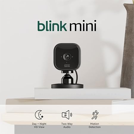 Blink Mini – Compact indoor plug-in smart security camera, 1080p HD video, night vision, motion detection, two-way audio, easy set up, Works with Alexa – 1 camera (Black)