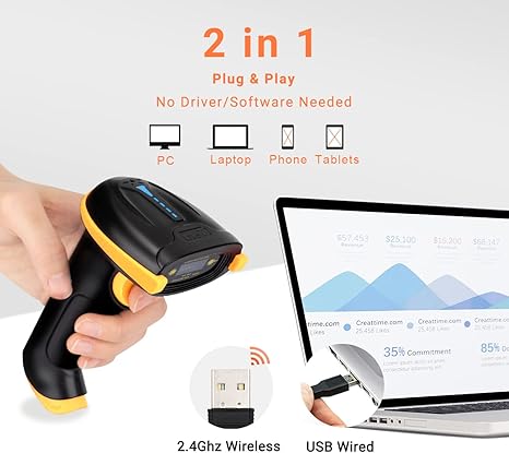 Tera Barcode Scanner Wireless Versatile 2-in-1 (2.4Ghz Wireless+USB 2.0 Wired) with Battery Level Indicator, 328 Feet Transmission Distance Rechargeable 1D Laser Bar Code Reader Handheld 5100 Yellow