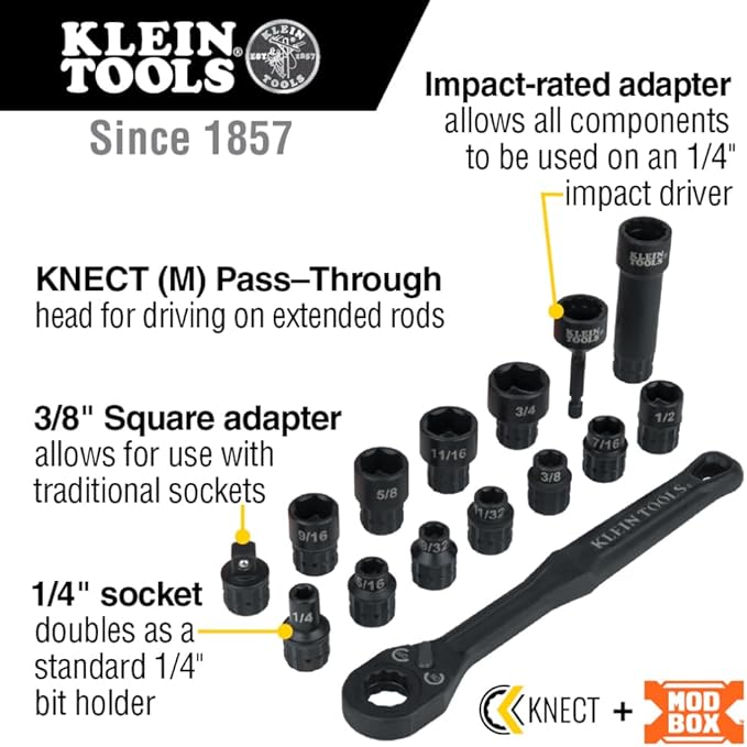 Klein Tools 65400 KNECT 15-Piece Pass Through Socket Set, SAE Impact Socket Set with MODbox Case, Sockets, Bits, Accessories and 3/8-Inch Drive Adapter