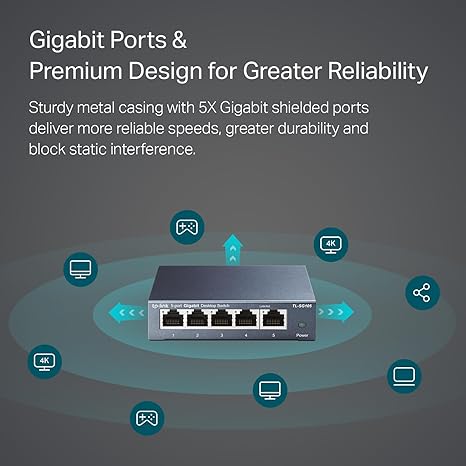 TP-Link TL-SG105, 5 Port Gigabit Unmanaged Ethernet Switch, Network Hub, Ethernet Splitter, Plug & Play, Fanless Metal Design, Shielded Ports, Traffic Optimization,Navy Blue