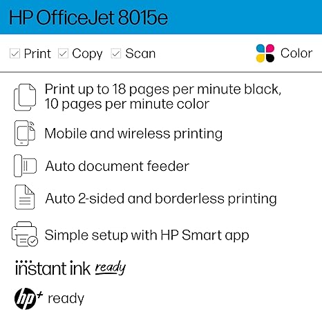 HP OfficeJet 8015e Wireless Color All-in-One Printer, 6 months of Instant Ink included