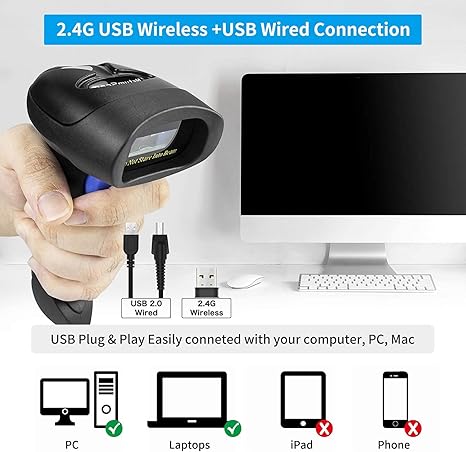 Wireless 1D 2D Barcode Scanner with Stand, NetumScan Portable Automatic QR Code Scanner Supports Screen Scan Handheld CMOS Image Bar Code Reader with USB Receiver for Warehouse POS and Computer