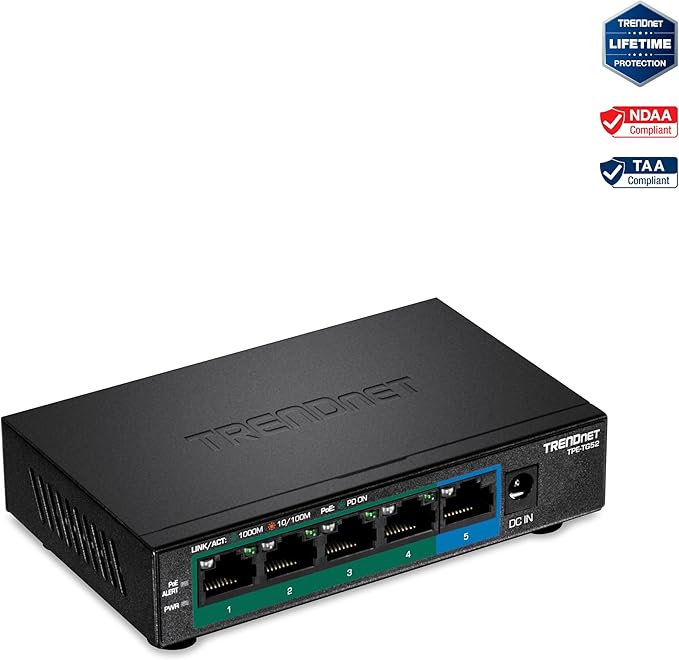 TRENDnet 5-Port Gigabit PoE+ Switch, 32W PoE Power Budget, 10Gbps Switching Capacity, IEEE 802.1p QoS, DSCP Pass-Through Support, Fanless, Wall Mountable, Lifetime Protection, Black, TPE-TG52