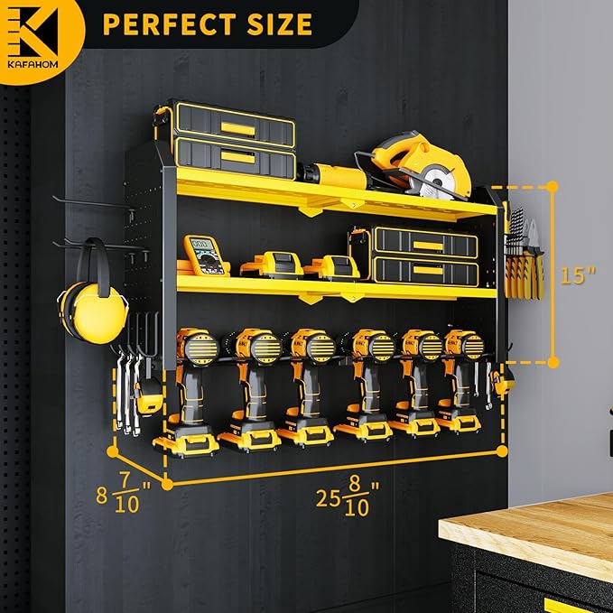 KAFAHOM Power Tool Organizer, 8 Drill Holder Wall Mount, 4 Layers Garage Tool Organizers and Storage Rack, Tool Shelf with Screwdriver/Plier/Hammer Holder