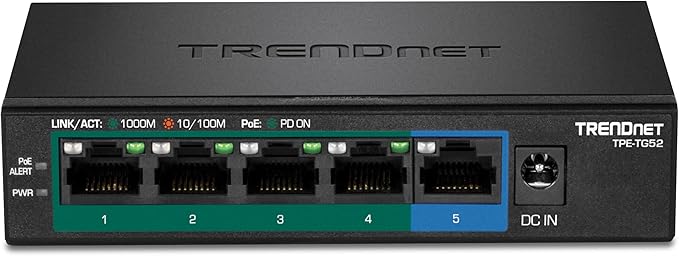 TRENDnet 5-Port Gigabit PoE+ Switch, 32W PoE Power Budget, 10Gbps Switching Capacity, IEEE 802.1p QoS, DSCP Pass-Through Support, Fanless, Wall Mountable, Lifetime Protection, Black, TPE-TG52