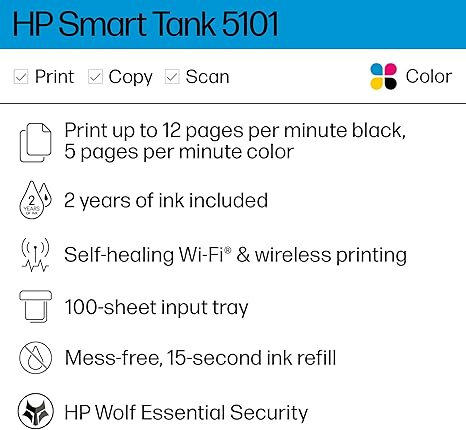 HP Smart Tank 5101 Wireless All-in One Ink Tank Printer with 2 years of ink included, Print, scan, copy, Best-for-home, Refillable ink tank (1F3Y0A)