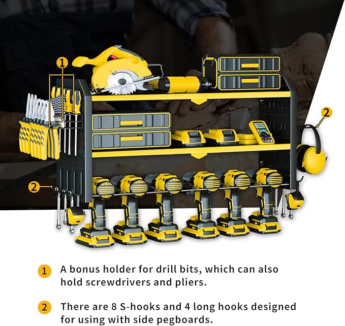 KAFAHOM Power Tool Organizer, 8 Drill Holder Wall Mount, 4 Layers Garage Tool Organizers and Storage Rack, Tool Shelf with Screwdriver/Plier/Hammer Holder