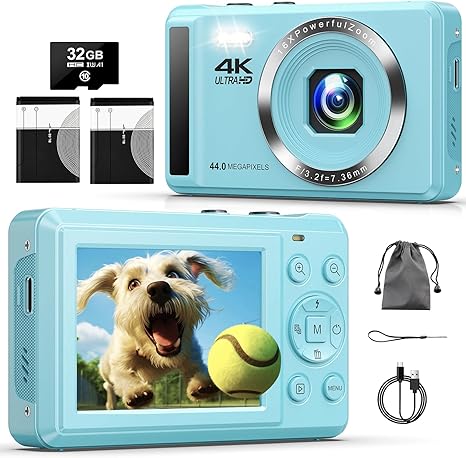 Digital Camera - 4K 44MP UHD Digital Cameras for Photography - Autofocus Point and Shoot Vlogging Camera with 16X Zoom, 32GB SD Card, 2 Batteries - Compact Small Camera for Kids Teens Boys Girls