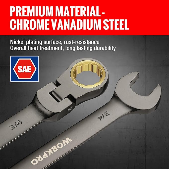 WORKPRO 8-piece Flex-Head Ratcheting Combination Wrench Set, SAE 5/16-3/4 in, 72-Teeth, CR-V Constructed, Nickel Plating with Organizer Bag