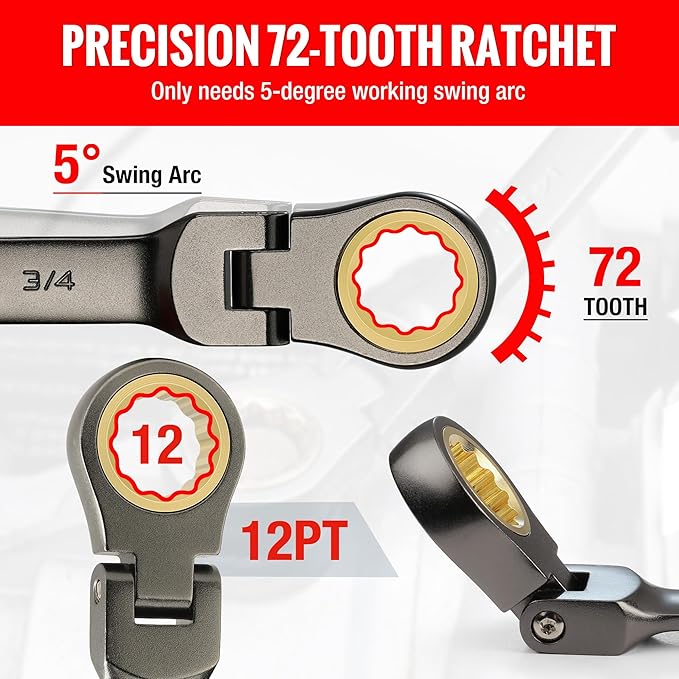 WORKPRO 8-piece Flex-Head Ratcheting Combination Wrench Set, SAE 5/16-3/4 in, 72-Teeth, CR-V Constructed, Nickel Plating with Organizer Bag