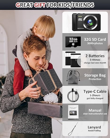 Digital Camera - 4K 44MP UHD Digital Cameras for Photography - Autofocus Point and Shoot Vlogging Camera with 16X Zoom, 32GB SD Card, 2 Batteries - Compact Small Camera for Kids Teens Boys Girls