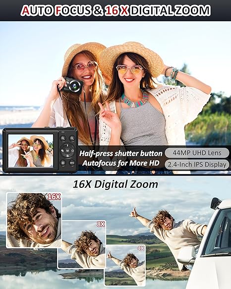 Digital Camera - 4K 44MP UHD Digital Cameras for Photography - Autofocus Point and Shoot Vlogging Camera with 16X Zoom, 32GB SD Card, 2 Batteries - Compact Small Camera for Kids Teens Boys Girls