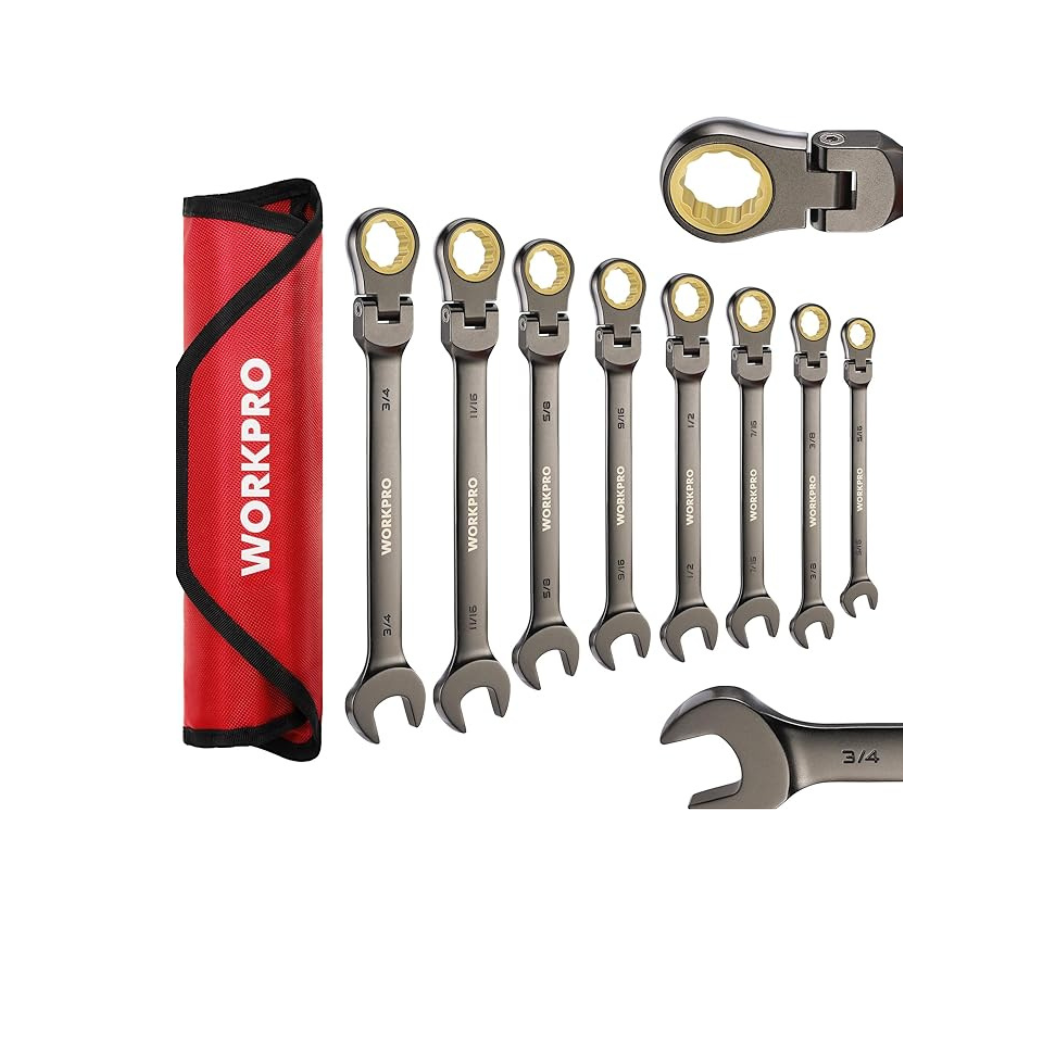 WORKPRO 8-piece Flex-Head Ratcheting Combination Wrench Set, SAE 5/16-3/4 in, 72-Teeth, CR-V Constructed, Nickel Plating with Organizer Bag