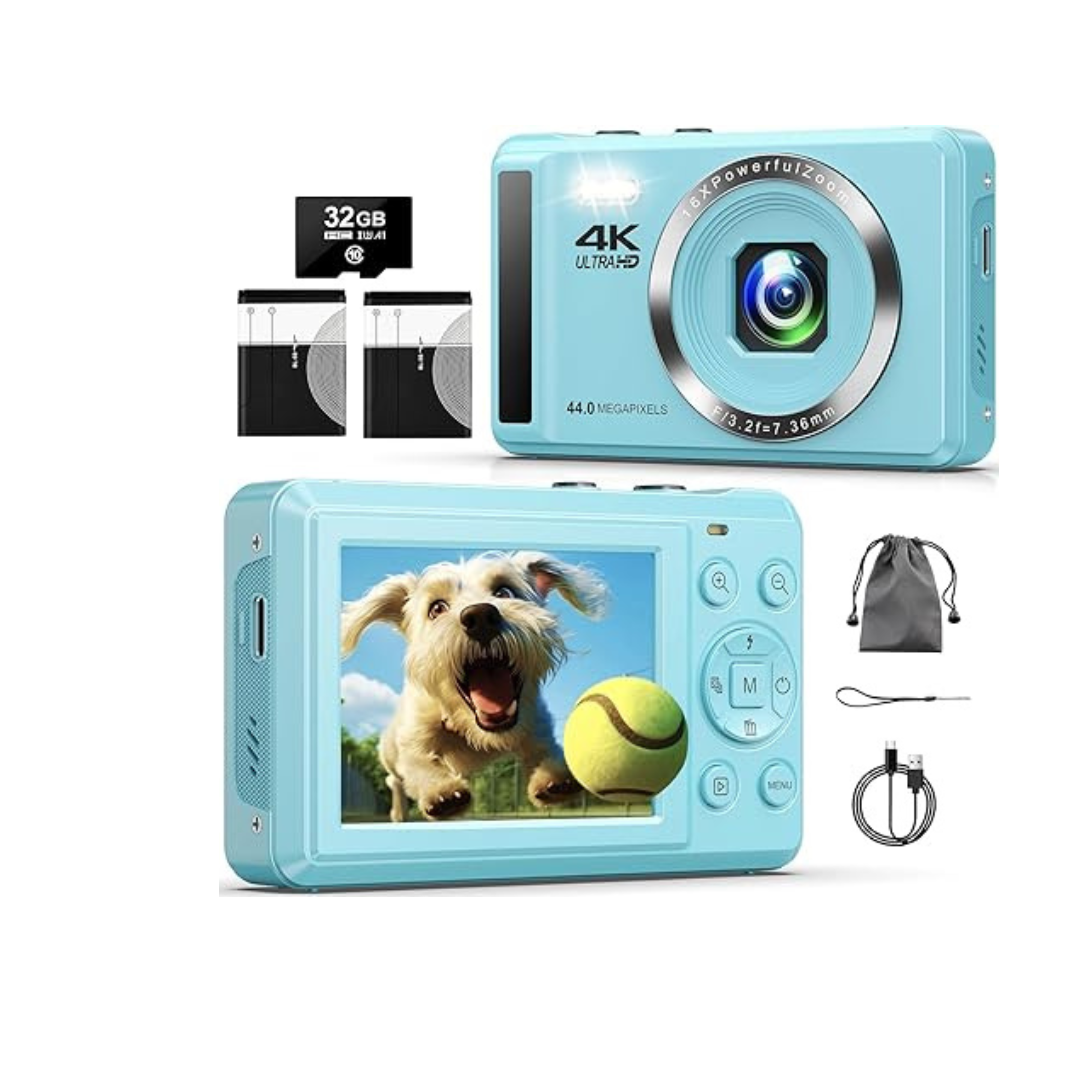 Digital Camera - 4K 44MP UHD Digital Cameras for Photography - Autofocus Point and Shoot Vlogging Camera with 16X Zoom, 32GB SD Card, 2 Batteries - Compact Small Camera for Kids Teens Boys Girls